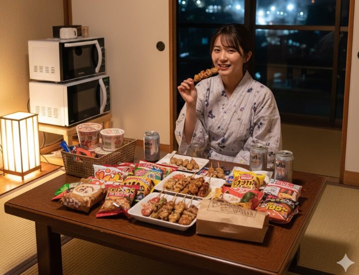旅館の部屋で、テイクアウトした焼き鳥とコンビニで購入したおつまみ、缶ビールを広げてくつろぐ日本人旅行者。温かい料理を電子レンジで温め直している。