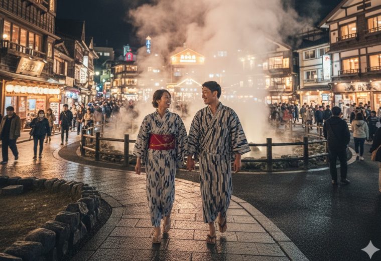 草津温泉の湯畑の夜景。様々な飲食店やコンビニエンスストアの明かりが輝き、人通りも多い。賑わいの中、安心した表情で食事処を探す日本人観光客の姿。
