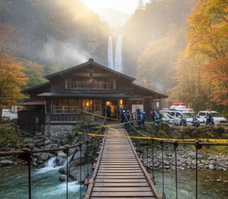 美しい日本の秘湯、滑川温泉福島屋と紅葉、そしてその奥に見える滑川大滝。旅館の手前の吊橋には立ち入り禁止のテープが張られ、警察車両が数台停まっており、緊張感が漂っている。