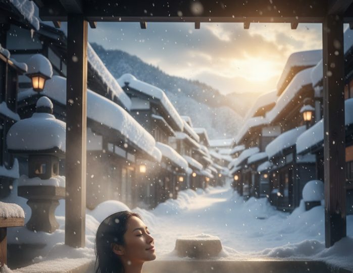 雪が降り積もる鳴子温泉の露天風呂に浸かる日本人の女性が、湯気とともに温かそうにしている情景。背景には雪深い温泉街が見える。温かみのある光が差し込んでいる。