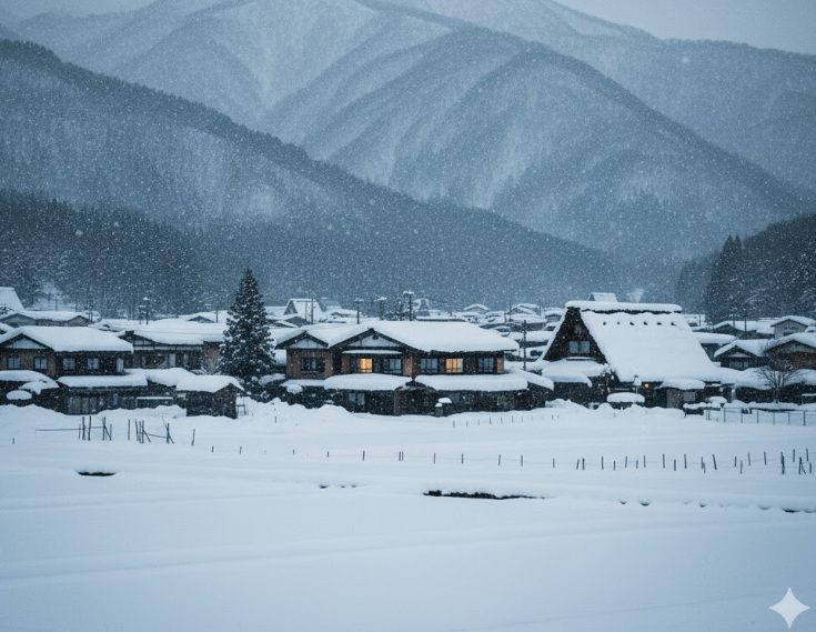雪が深々と降り積もる鳴子温泉郷の山間の風景。手前には雪に埋もれた田畑が広がり、遠くには雪化粧した山々が連なっている。空は鉛色で、冬の厳しさが感じられる。