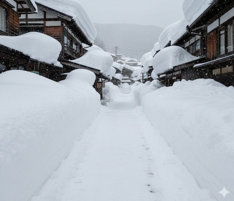 深い雪に覆われた日本の温泉街の小道。家々の屋根には厚く雪が積もり、道も雪で埋まっている。除雪された道の脇には身長を超えるほどの雪壁ができている。雪の深さを強調するような構図。