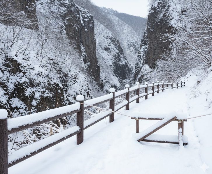 雪で閉鎖された日本の観光地の遊歩道。木製の柵には雪が積もり、立ち入り禁止を示すロープや簡易的なバリケードが置かれている。背景には雪に覆われた鳴子峡の険しい崖が見え、冬の静けさが漂っている。