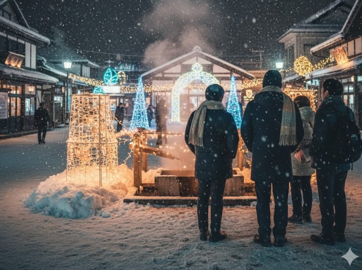 雪が舞う夜の鳴子温泉駅前広場。イルミネーションの光が雪景色を幻想的に照らし出し、温かい光が広場を包み込んでいる。数人の日本人が、温かい服装でイルミネーションを眺めている後ろ姿。