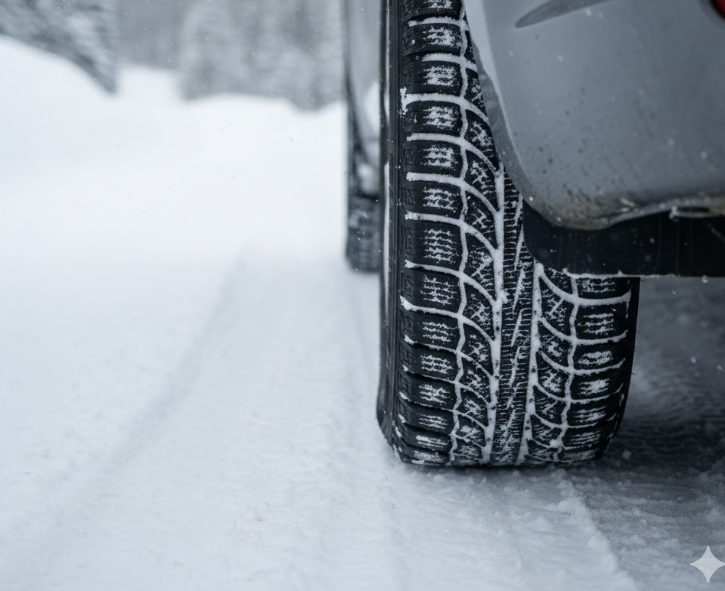 雪深く凍結した冬の山道を走る自動車のタイヤ部分をクローズアップ。タイヤはスタッドレスタイヤが装着されており、雪や氷をしっかりと捉えている様子がわかる。タイヤの溝が鮮明で、雪道でのグリップ力が伝わる構図。背景には雪に覆われた道が続く