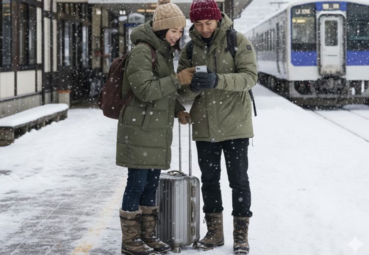 雪が積もった駅前で、厚手の防寒着と滑りにくい長靴を履いた日本人の旅行者が、時刻表を確認している。背景には雪に覆われた駅舎と、少し遠くに止まっている電車の姿が見える。冬の旅の準備と移動の様子を表現する。
