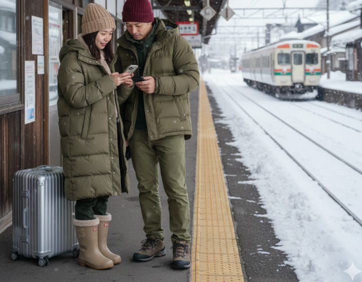 雪が積もった日本の地方駅のプラットホームで、厚手の防寒着と滑りにくい長靴を履いた日本人の旅行者カップルが、スマートフォンで地図や時刻表を確認している。背景には雪に覆われた駅舎と、少し遠くに停車しているローカル線の電車が見える。冬の旅の準備と移動の様子を表現する。