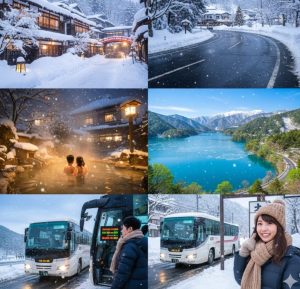 冬の四万温泉、雪が積もり、温泉街の湯けむりが立ち上る幻想的な風景。温かみのある光が灯る旅館が背景に見える。 `
