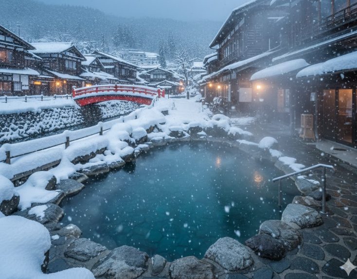 雪が降り積もり、しっとりと静まり返った四万温泉の温泉街。雪見風呂ができる旅館の露天風呂から湯気が立ち上っている様子。