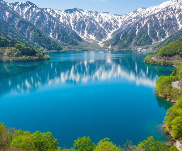春になり雪解け水が流れ込み、特に鮮やかな「四万ブルー」に輝く奥四万湖の風景。雪が残る山々と青い湖のコントラストが美しい。