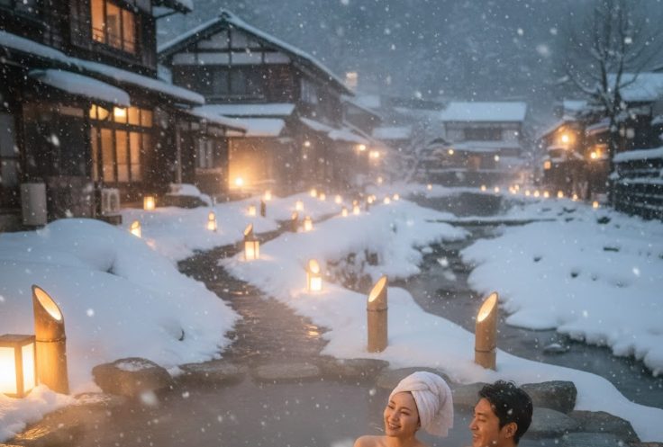 夜の雪見露天風呂で、湯けむりに包まれながら雪景色を眺めてリラックスしている日本人カップル。周囲には竹のイルミネーション（四万灯り風）がぼんやりと光る。