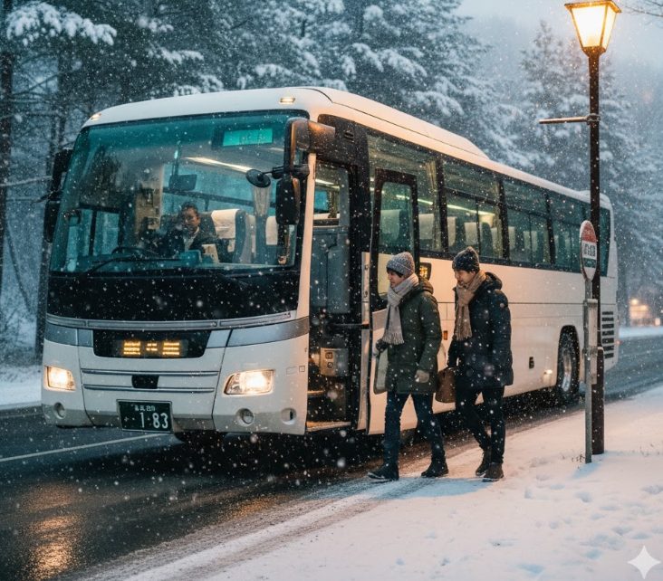 雪が積もる冬のバス停に停車している高速バスと、バスに乗り込もうとしている日本人の乗客。バスの周りには雪が積もっており、冬の移動の様子がわかる。