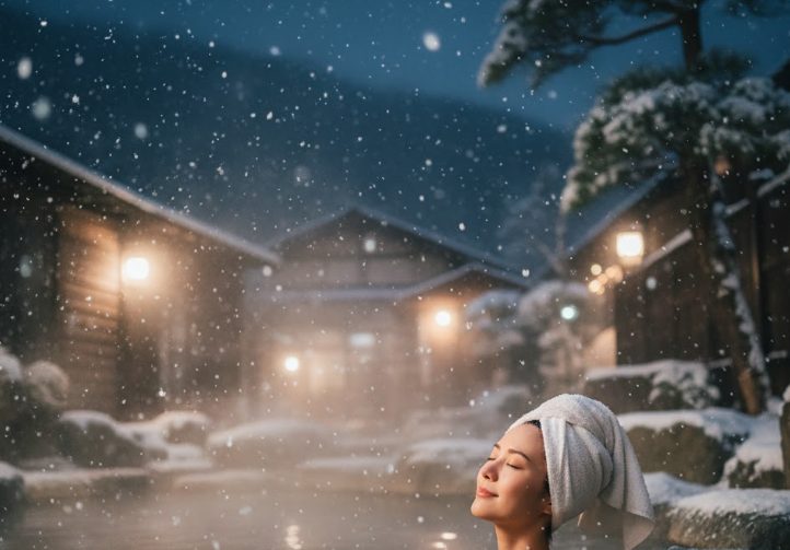 雪が降る中で、温かい露天風呂に浸かりながら、日本人の女性が至福の表情で雪景色を眺めている。湯けむりが立ち上り、落ち着いた雰囲気。