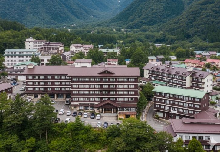 白骨温泉の旅館と、その背後に広がる北アルプスの山々の空撮。山間部に位置する温泉地の様子。