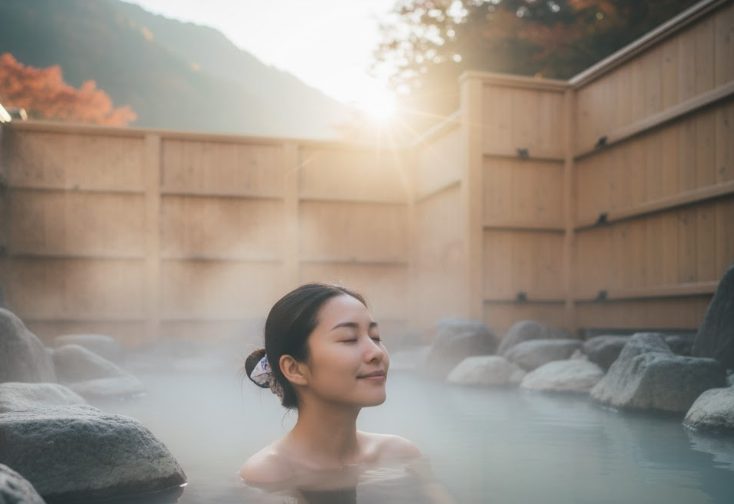 早朝の薄明かりの中、日本の温泉地の静かな露天風呂に入浴するアジア人女性。