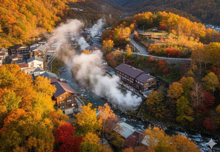 白骨温泉の全景。紅葉に彩られた山々に囲まれた温泉街から湯けむりが立ち上り、遠くには雪を頂いた山々が見える。