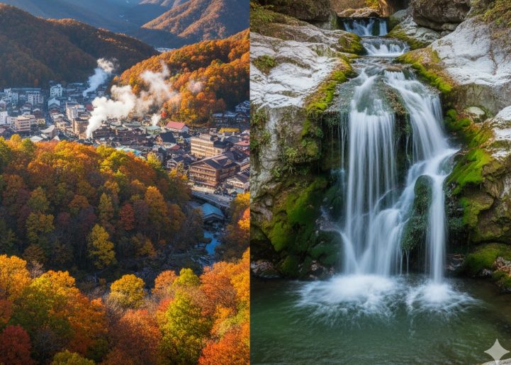 白骨温泉の二大絶景を対比。左は紅葉に染まる温泉街と遠景の山々、右は石橋と苔むした岩肌を流れる竜神の滝の様子。