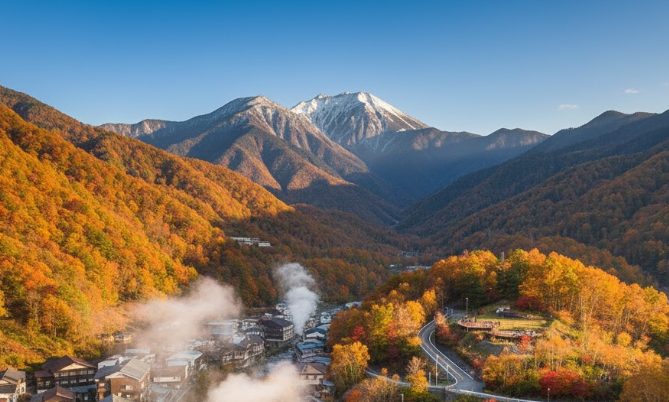 球道山展望台から見下ろす白骨温泉郷の俯瞰図。紅葉の山々に囲まれ、湯けむりが立ち上る旅館群と、遠くに見える乗鞍岳。