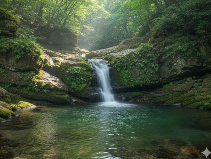 苔むした石灰岩の岩肌を清らかな水が優しく流れる竜神の滝。周りの木々は緑豊かで、水辺にはしっとりとした空気が漂う。