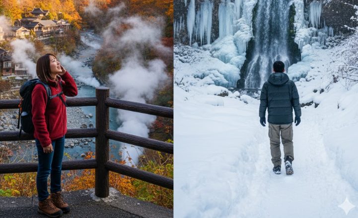 季節ごとの白骨温泉の展望。左は秋の紅葉と温泉街を眺める日本人女性、右は雪に覆われた冬の竜神の滝を歩く日本人男性。