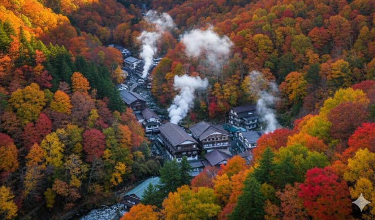 10月中旬から下旬の白骨温泉の紅葉ピーク。赤や黄色の鮮やかなカエデとダケカンバが谷を彩り、湯けむりが立ち上る温泉街の風景。