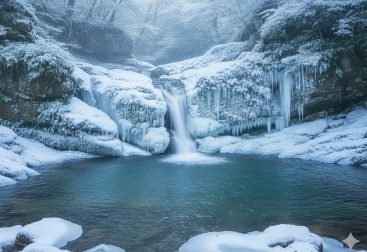 雪と氷に覆われた冬の竜神の滝。大きな氷柱が岩肌に下がり、周囲の木々も雪化粧をして神秘的な冬景色を演出している。