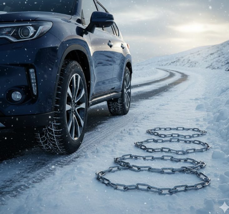 雪道でスタッドレスタイヤを装着した車と、その横にタイヤチェーンが置かれており、それぞれの特徴が対比されるような構図。