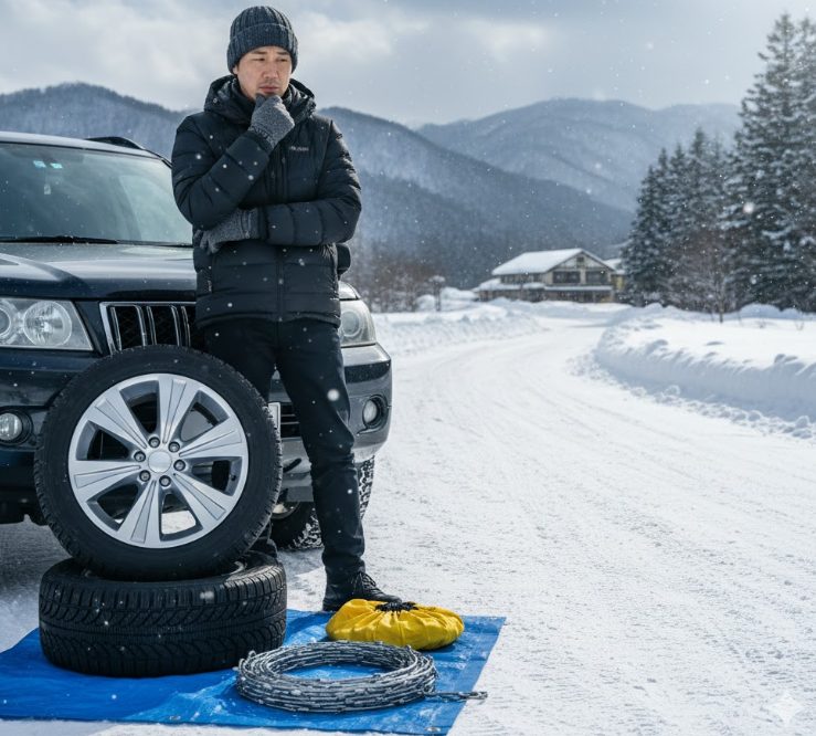 雪道で悩んでいる日本人のドライバーが、スタッドレスタイヤとタイヤチェーンを交互に見比べながら考えている様子。