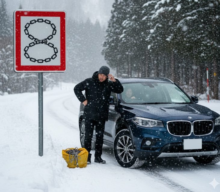 雪深い山道の入り口に「チェーン規制中」の標識が立っており、スタッドレスタイヤを履いた車がその前で立ち止まってドライバーが困惑している様子。
