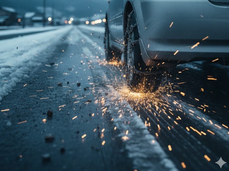 雪がほとんどない路面で、ノーマルタイヤにチェーンを装着した車が走行している様子。チェーンが路面と擦れて火花が出ているような危険なイメージ。