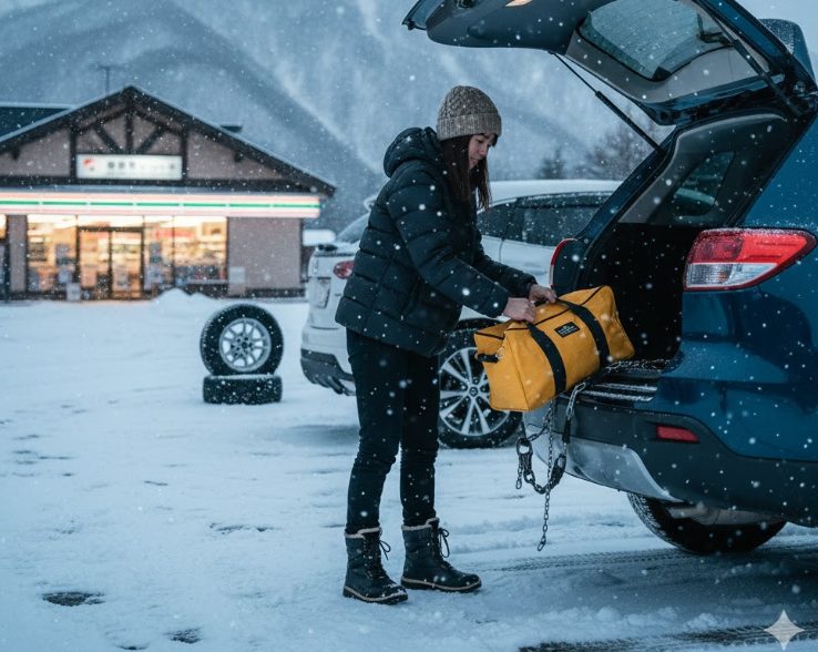 雪がちらつくサービスエリアか駐車場で、日本人の女性ドライバーがトランクからタイヤチェーンのパッケージを取り出し、装着準備をしている様子。背景には冬の山々が見える。