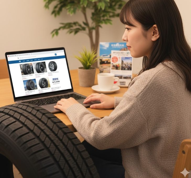 日本人の女性がノートパソコンでタイヤフッドのウェブサイトのようなタイヤ販売サイトを見ており、その隣にはスタッドレスタイヤのイメージが重ねられている様子。