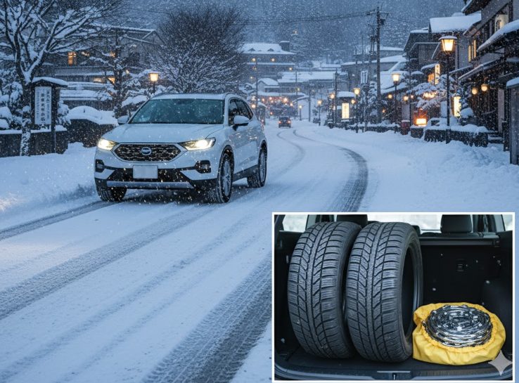 雪に覆われた道を走る車と、その車のトランクに積まれたスタッドレスタイヤとタイヤチェーンが同時に見える構図。安全な冬のドライブの準備が整っている安心感を表現。
