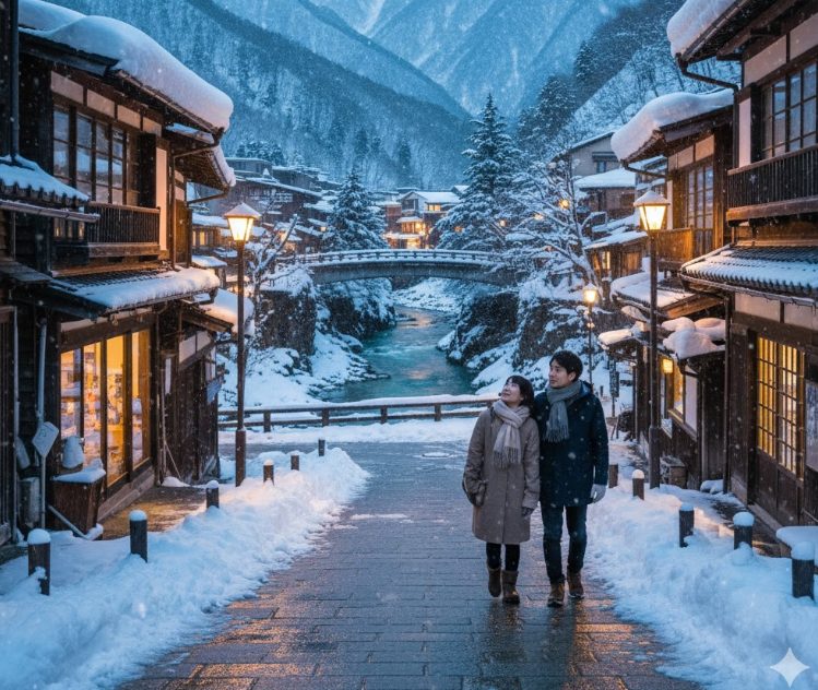 雪景色の温泉街散策とビュースポット