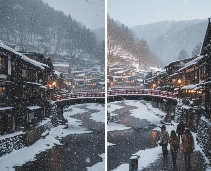 上旬と下旬で激変する銀山温泉の3月の雪