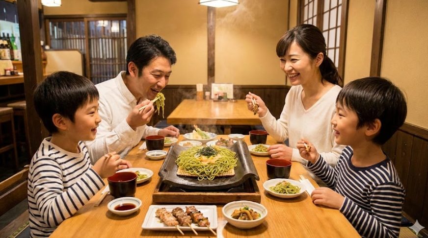 瓦そばや焼き鳥など地元の人気グルメを味わう