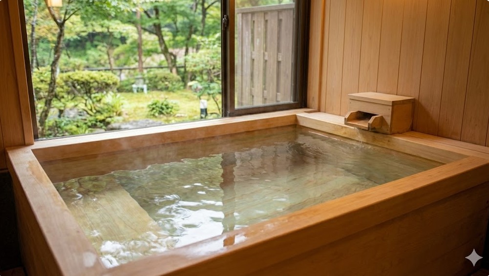 3つの貸切風呂は源泉掛け流しで24時間