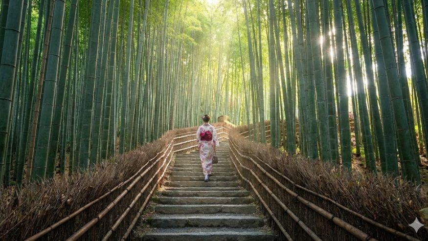 駐車場から始まる竹林の階段の幻想的な風景