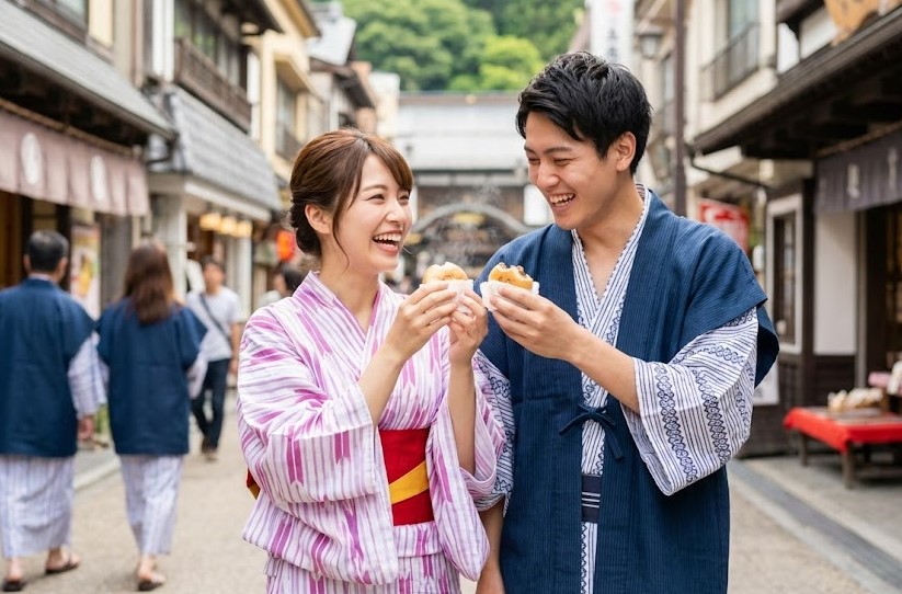 温泉街の食べ歩きデートでカップルが共有する楽しみ