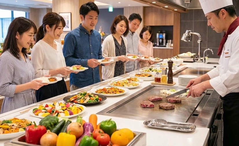 バイキングの内容と地産地消のライブキッチン