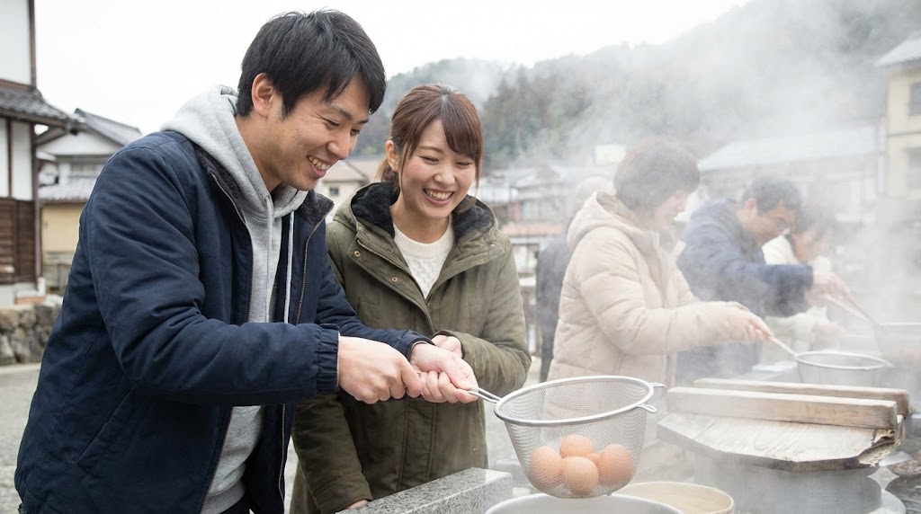 荒湯たまご作りと温泉街の食べ歩きを満喫