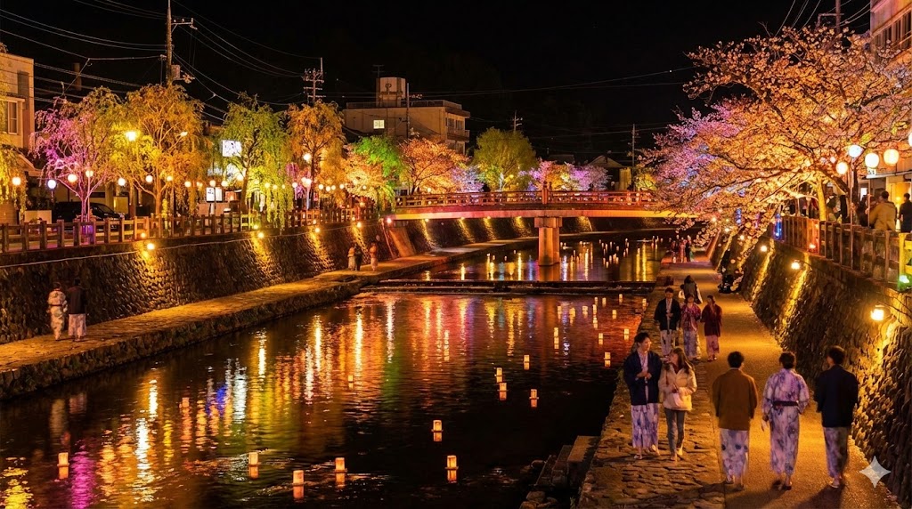 夜のライトアップ「音信川うたあかり」の幻想的な風景