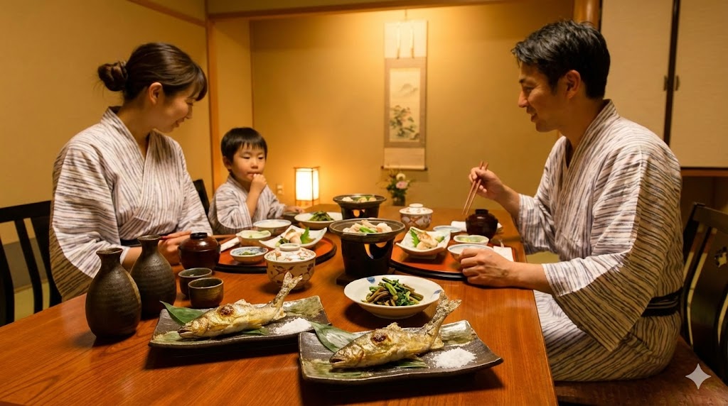 鮎の塩焼きと地酒を味わう宿での夕食時間