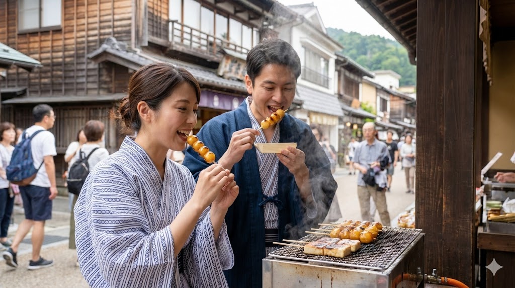 名水豆腐や串団子の食べ歩きと名水グルメ