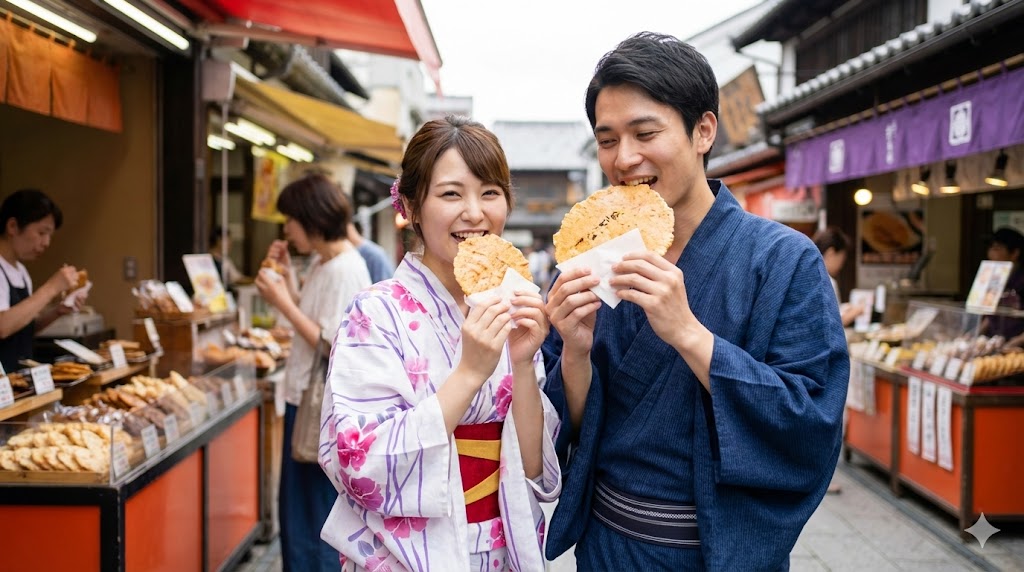 せんべい等のグルメと食べ歩き