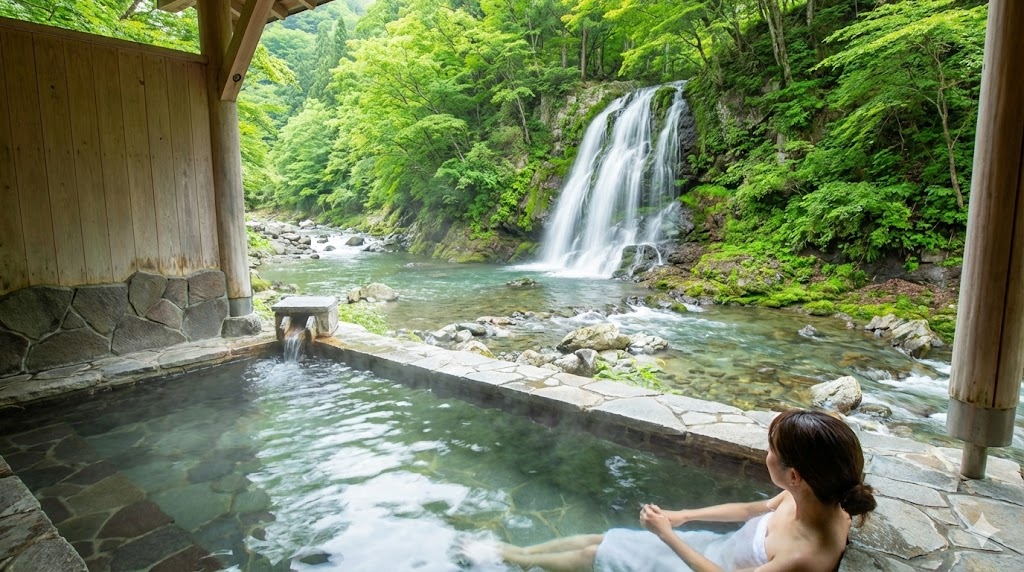露天風呂から眺める絶景の滝と川のせせらぎ