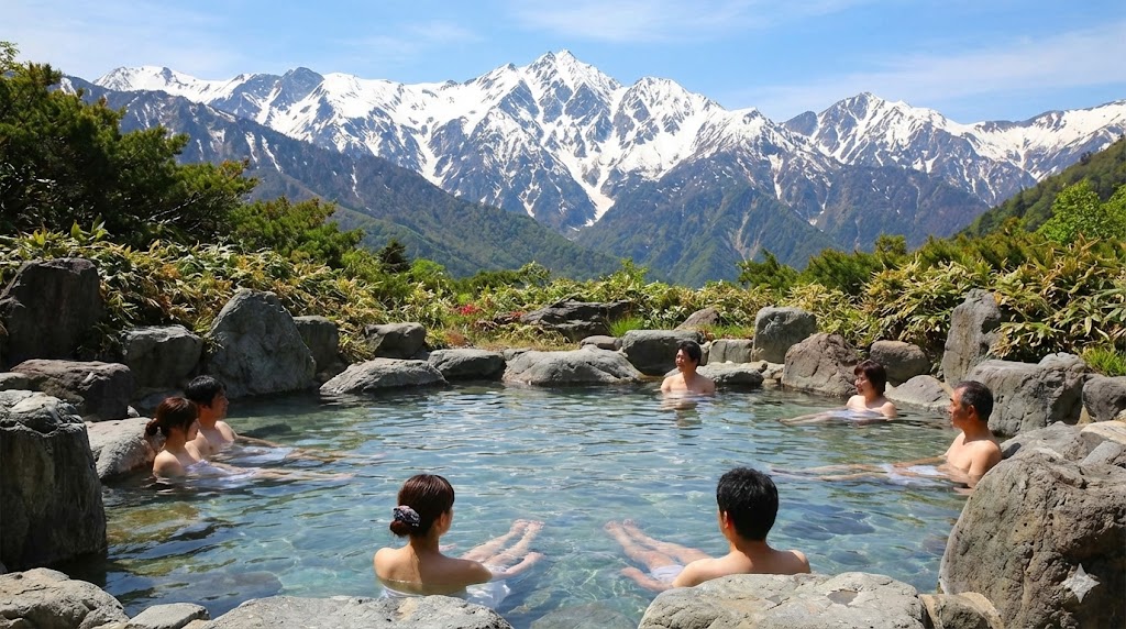 槍見館で槍ヶ岳を望む混浴露天
